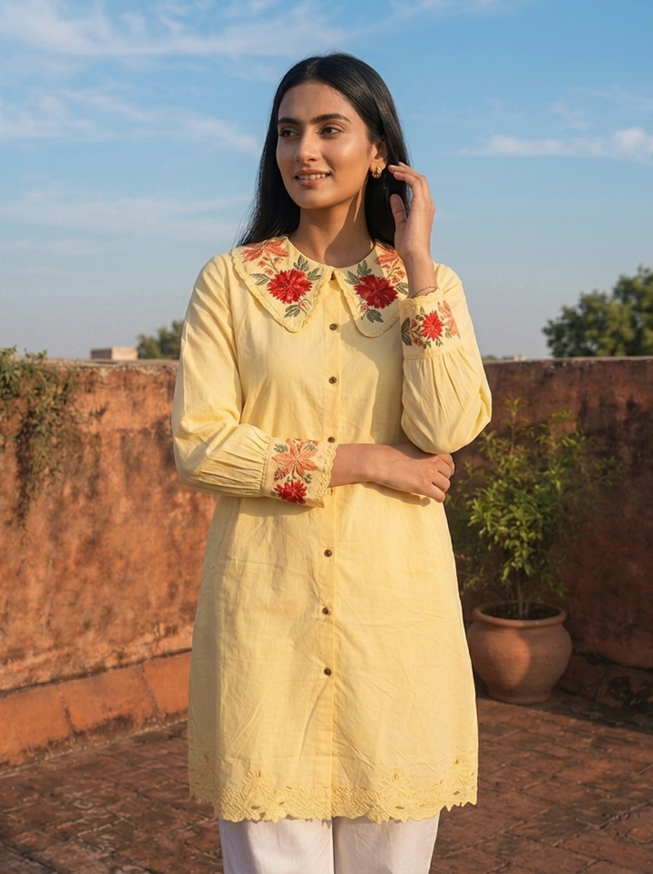 Yellow Cotton Placement Embroidered Kurta