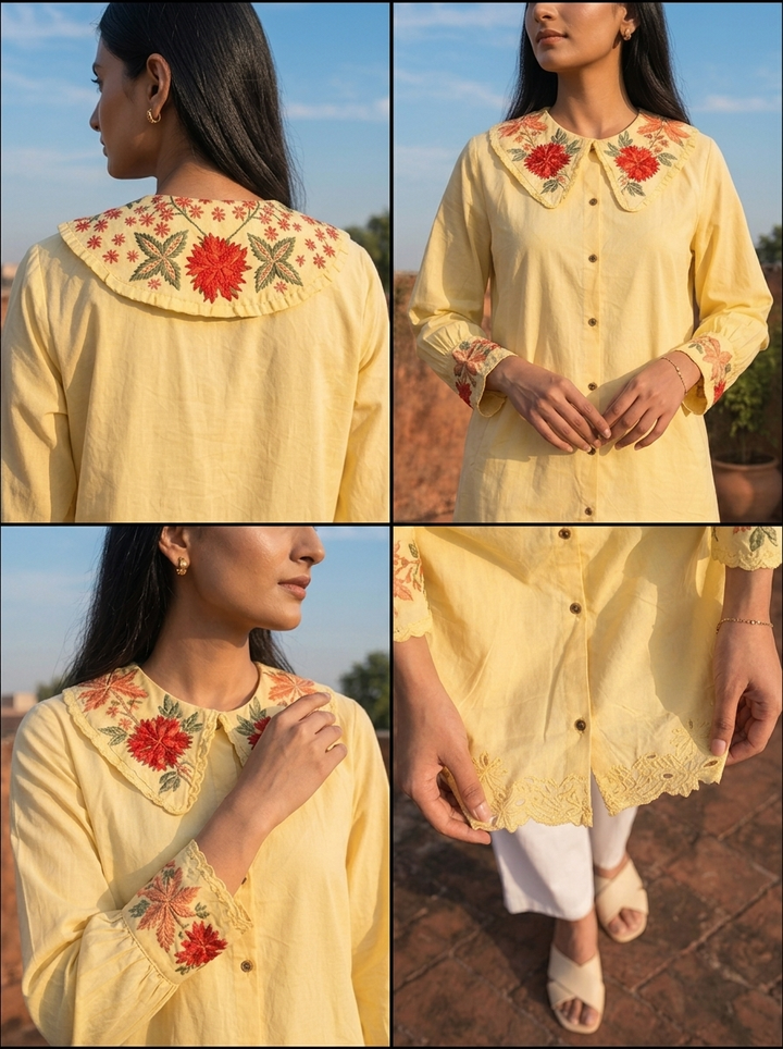 Yellow Cotton Placement Embroidered Kurta