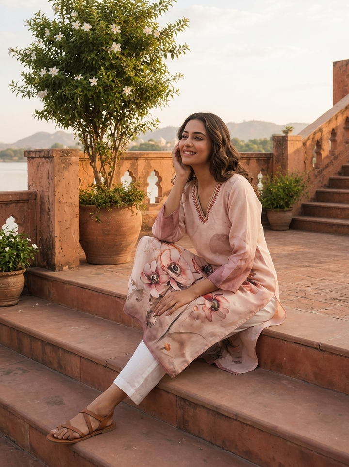 Cream Rayon Watercolor Anemone Printed Kurta
