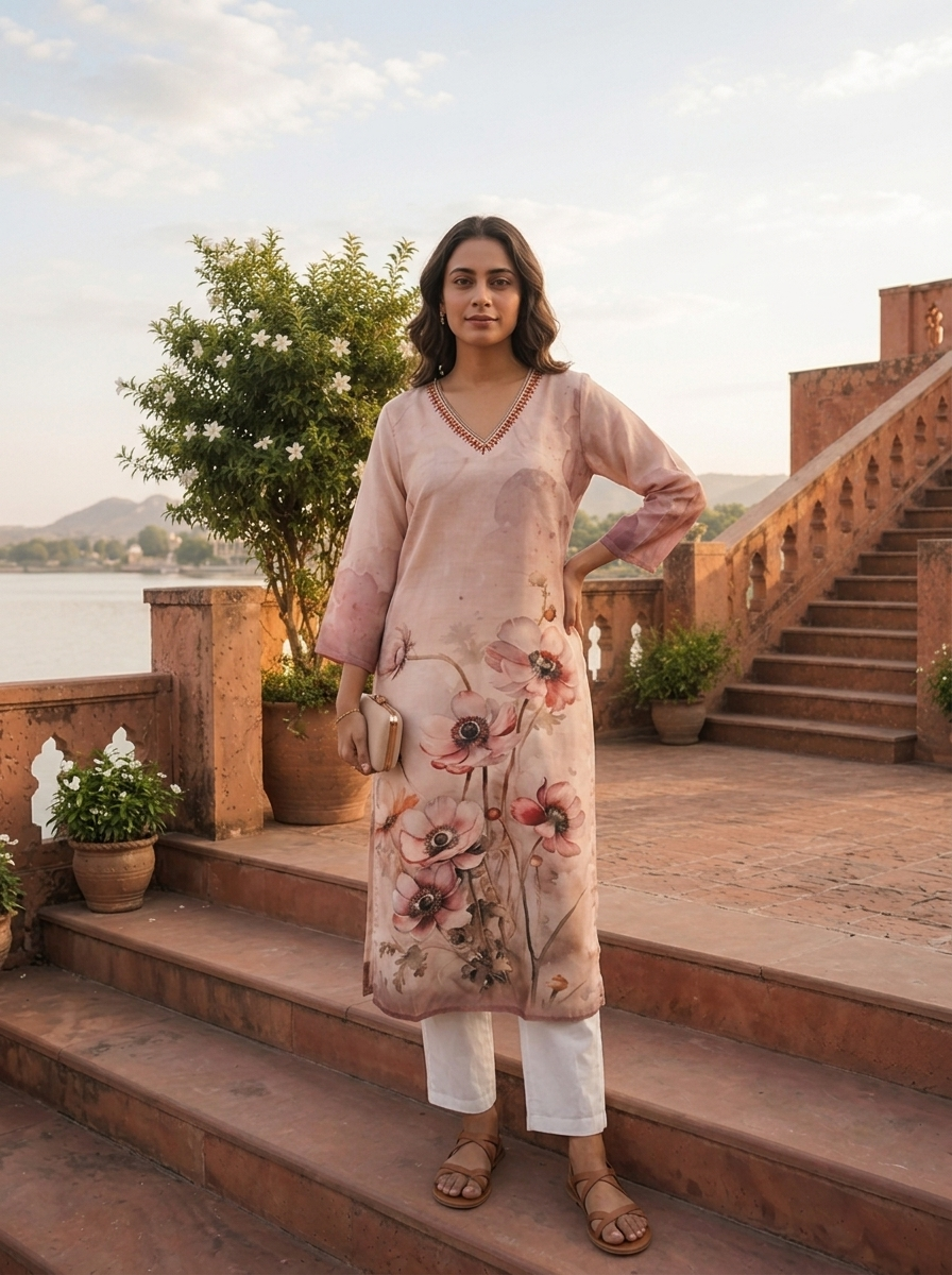 Cream Rayon Watercolor Anemone Printed Kurta