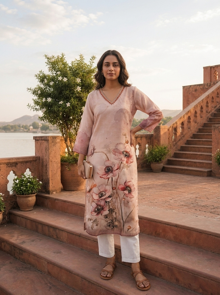 Cream Rayon Watercolor Anemone Printed Kurta