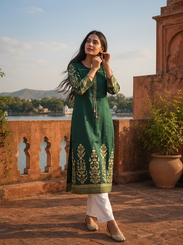 Green Rayon Floral Motifs Printed Kurta