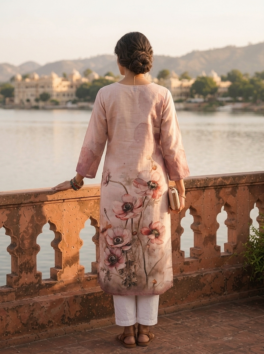 Cream Rayon Watercolor Anemone Printed Kurta