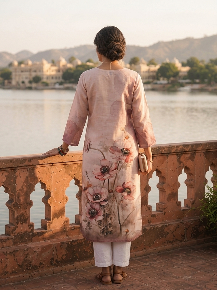 Cream Rayon Watercolor Anemone Printed Kurta