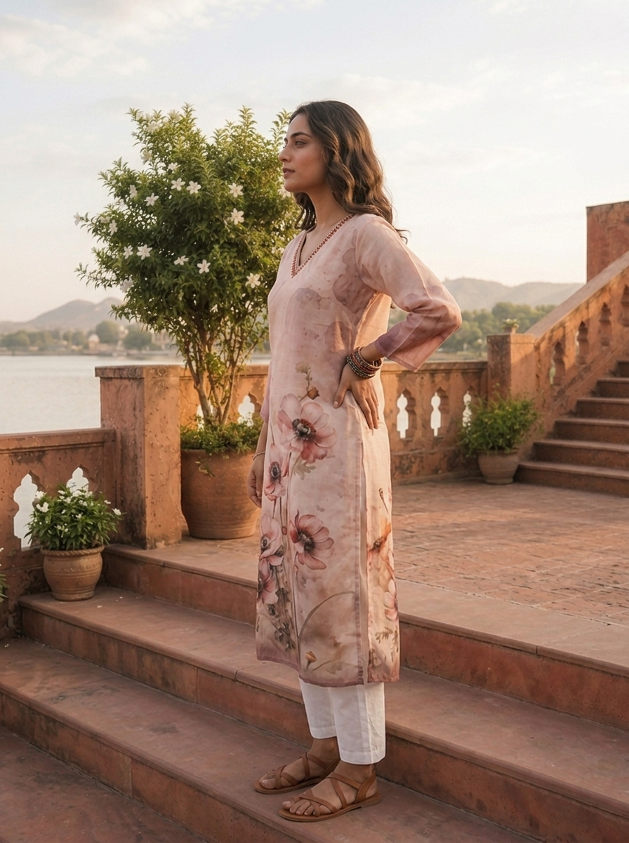 Cream Rayon Watercolor Anemone Printed Kurta