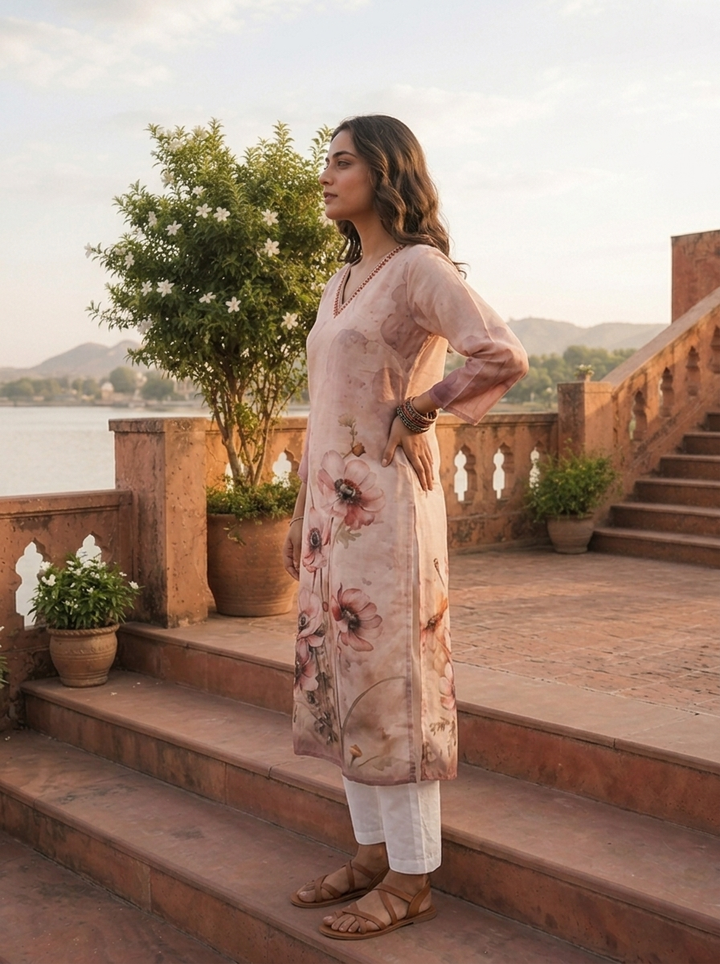 Cream Rayon Watercolor Anemone Printed Kurta