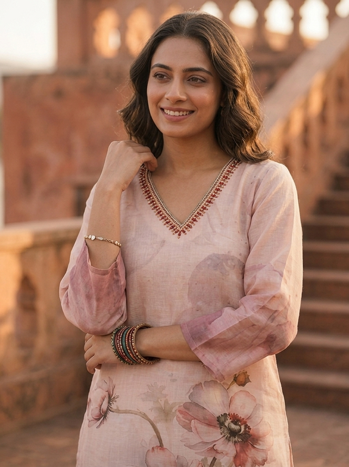 Cream Rayon Watercolor Anemone Printed Kurta