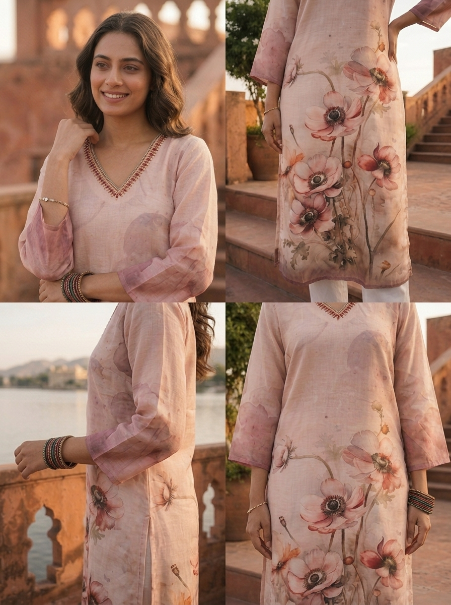 Cream Rayon Watercolor Anemone Printed Kurta