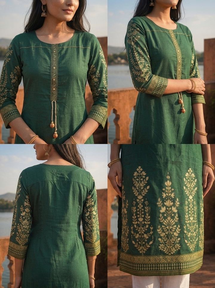 Green Rayon Floral Motifs Printed Kurta