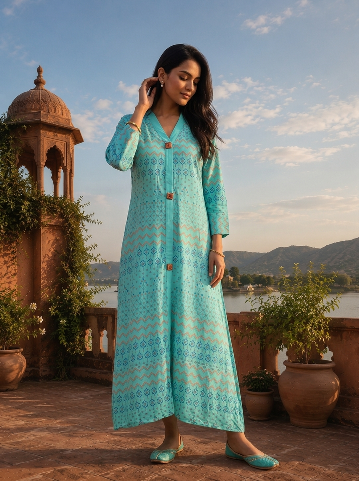 Sky Blue Rayon Geometric Buti Printed Kurta