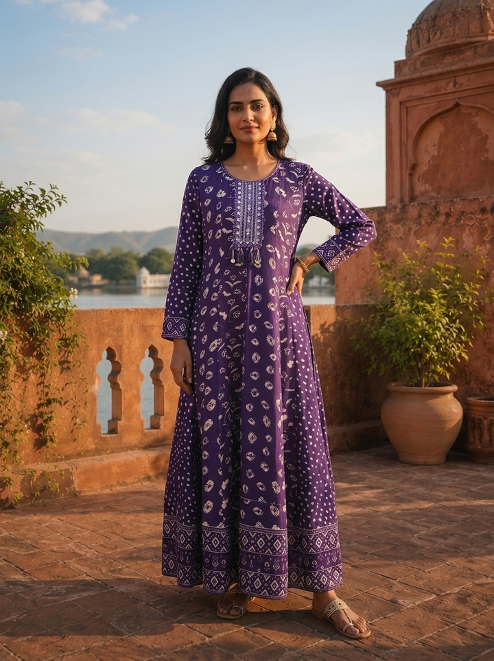 Purple Silk Multi-Pattern Block Printed Dress