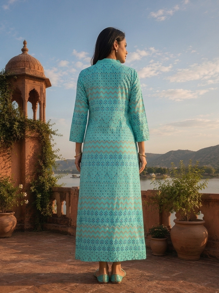 Sky Blue Rayon Geometric Buti Printed Kurta