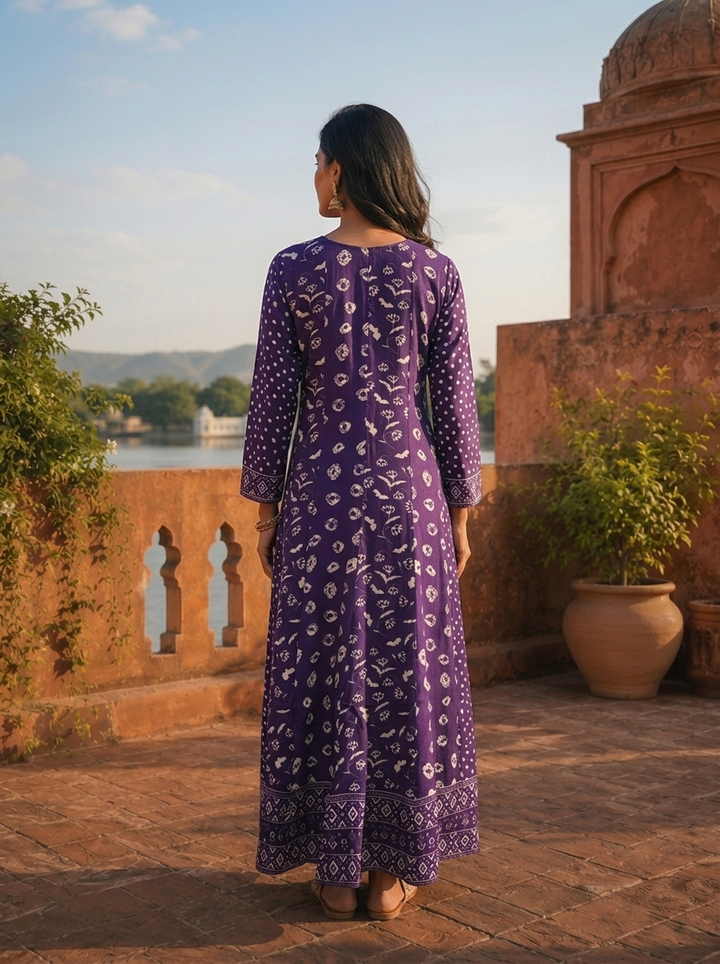 Purple Silk Multi-Pattern Block Printed Dress