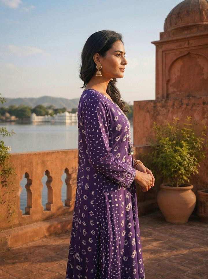 Purple Silk Multi-Pattern Block Printed Dress