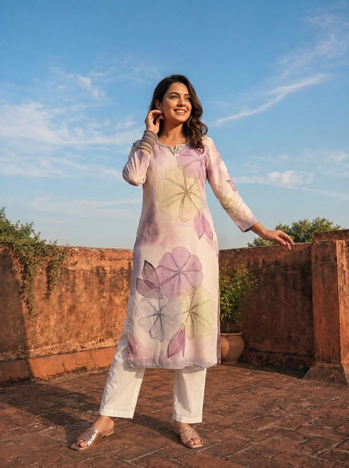 Lilac Rayon Watercolor Floral Placement Printed Kurta