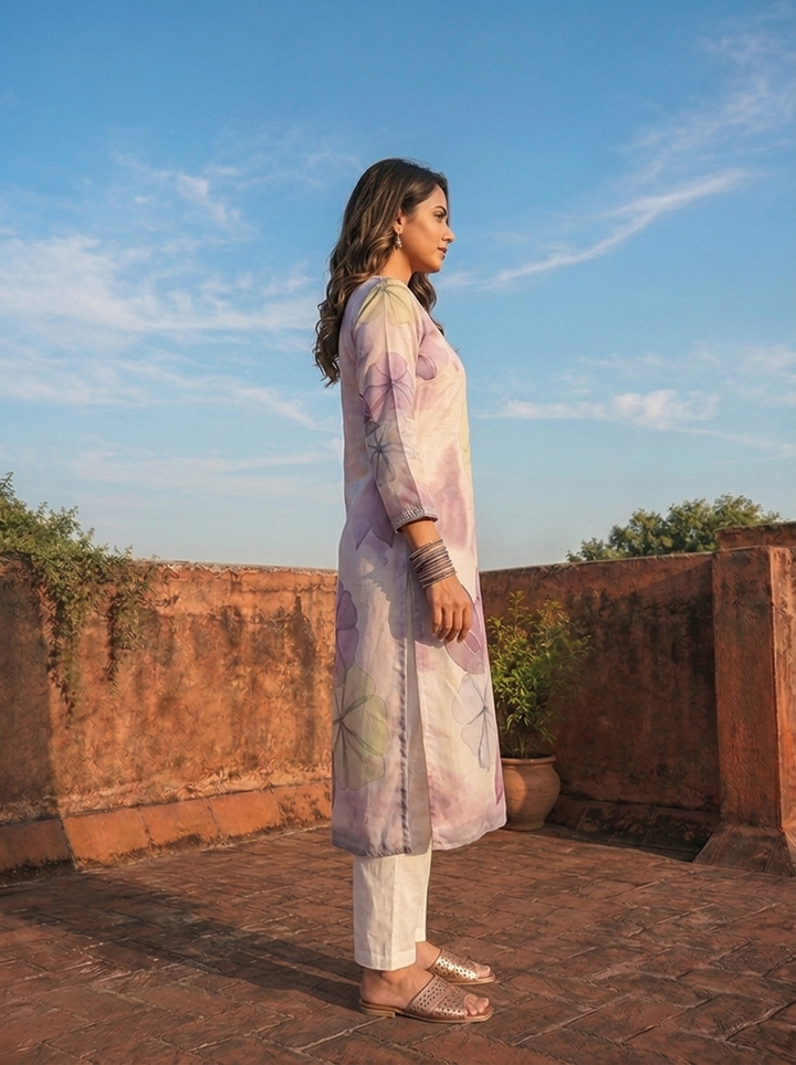 Lilac Rayon Watercolor Floral Placement Printed Kurta