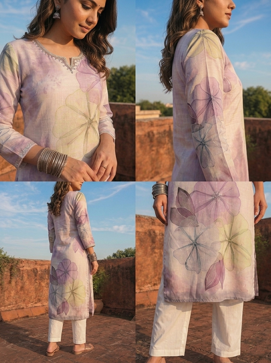 Lilac Rayon Watercolor Floral Placement Printed Kurta