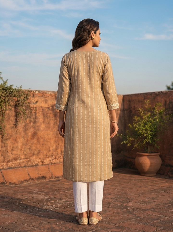 Beige Silk Vertical Stripes Printed Kurta