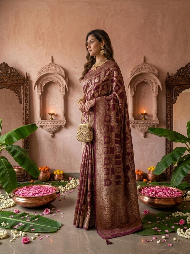 Wine Banaras Weaved Saree