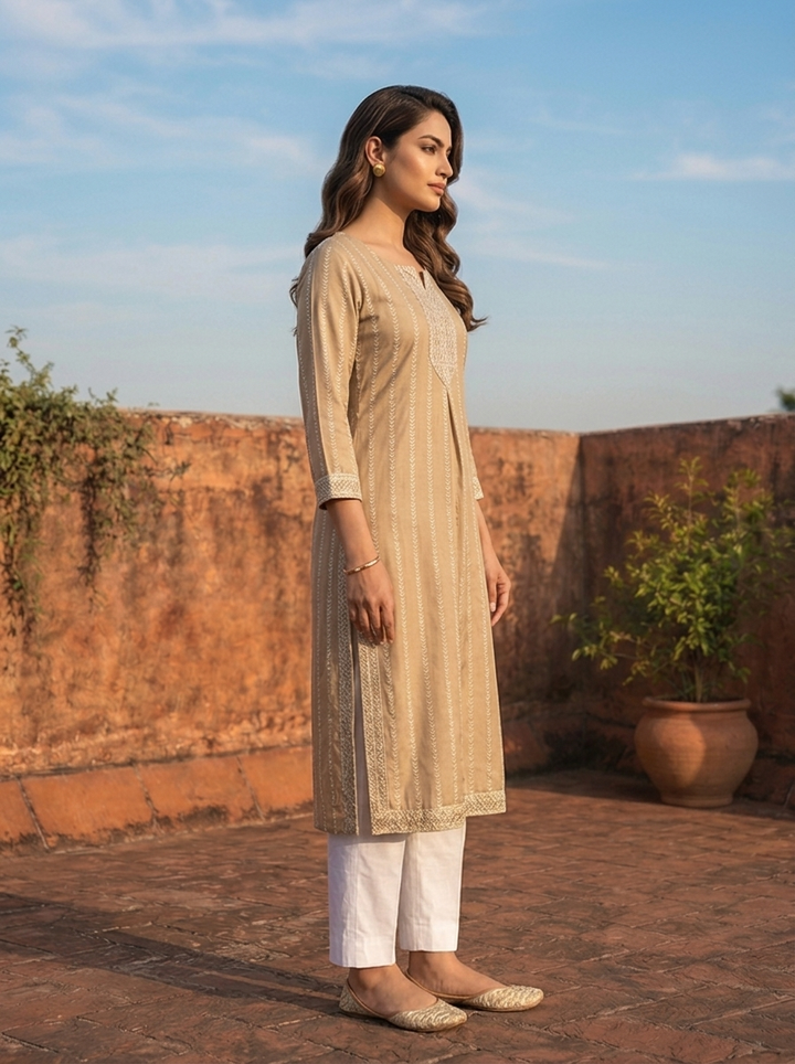 Beige Silk Vertical Stripes Printed Kurta