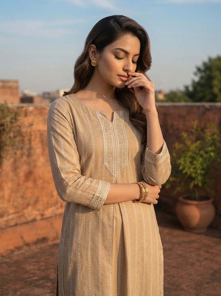 Beige Silk Vertical Stripes Printed Kurta