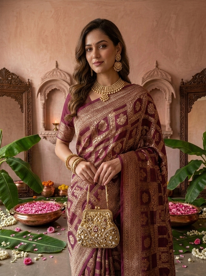 Wine Banaras Weaved Saree
