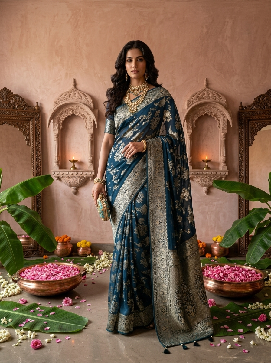Peacock Banaras Floral Design Weaved Saree