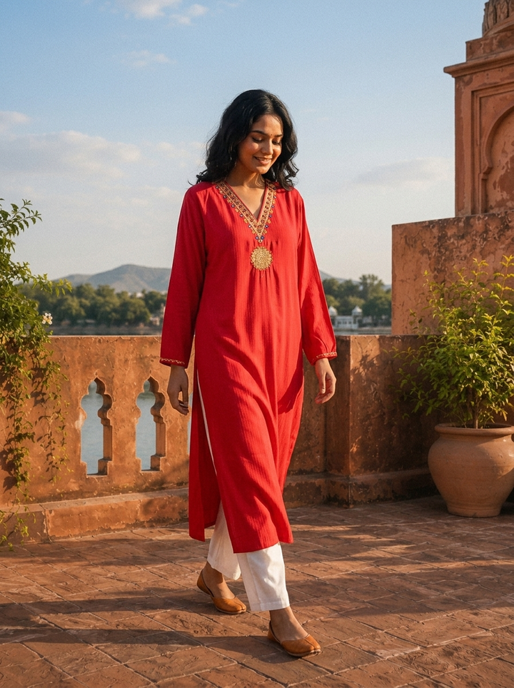 Rani Rayon Gold Zari Mandala Embroidered Kurta