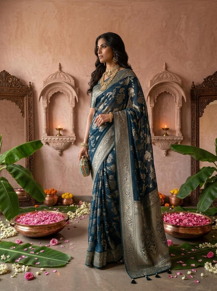 Peacock Banaras Floral Design Weaved Saree