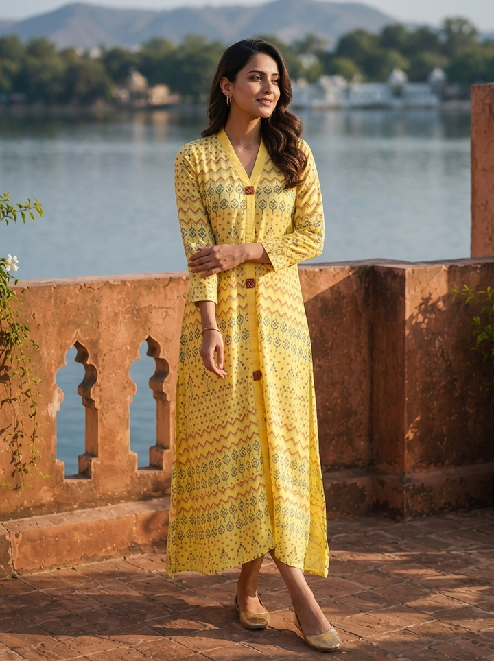 Yellow Rayon Geometric Buti Printed Kurta