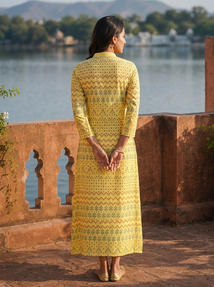 Yellow Rayon Geometric Buti Printed Kurta