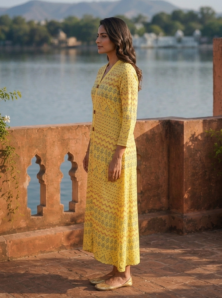 Yellow Rayon Geometric Buti Printed Kurta