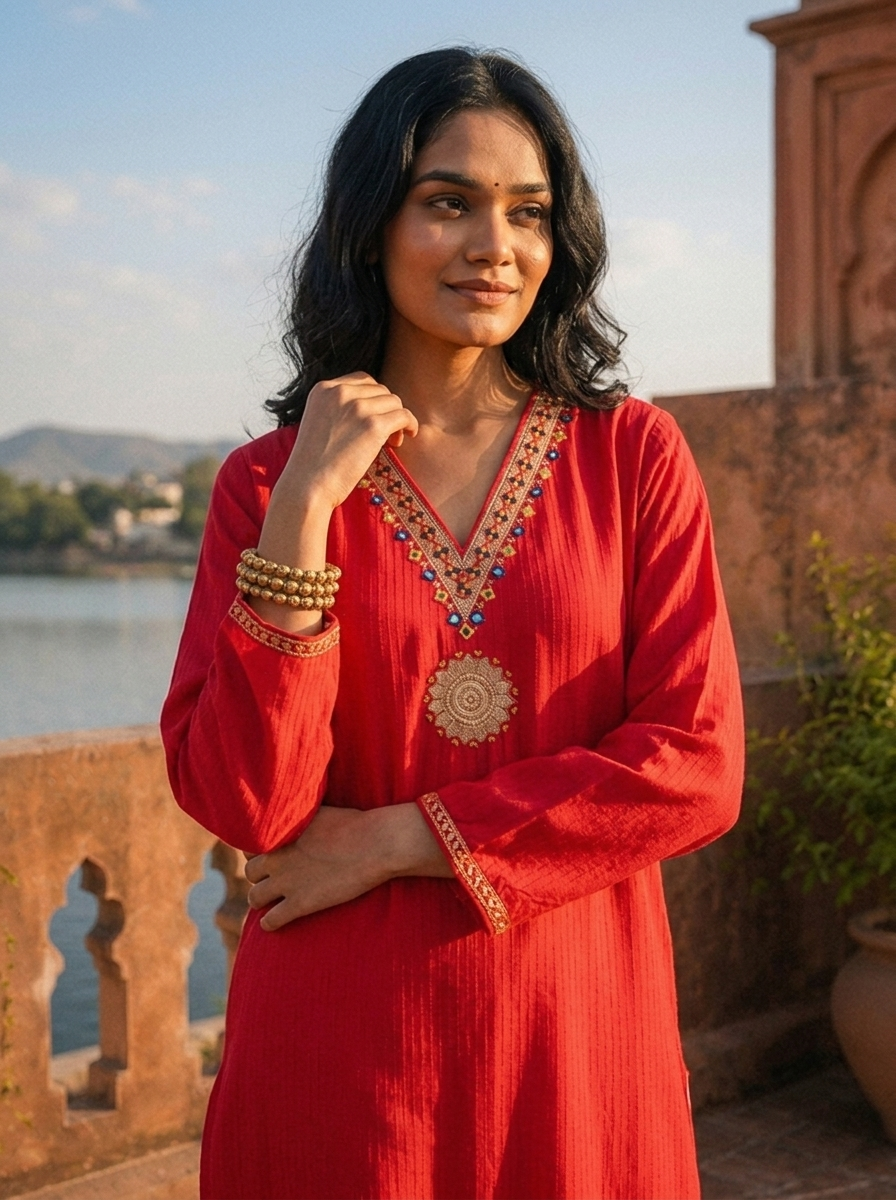 Rani Rayon Gold Zari Mandala Embroidered Kurta