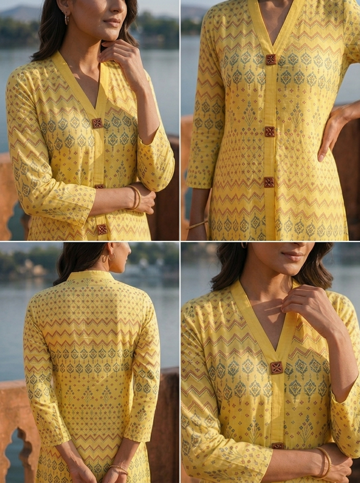 Yellow Rayon Geometric Buti Printed Kurta