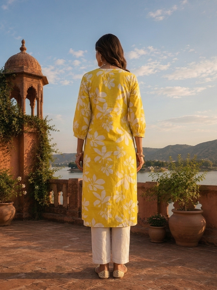 Yellow Cotton Bold Leaf Printed Kurta
