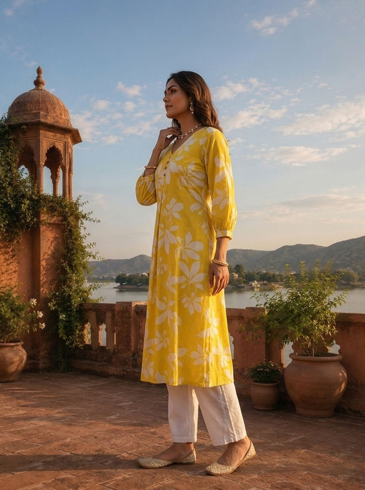 Yellow Cotton Bold Leaf Printed Kurta