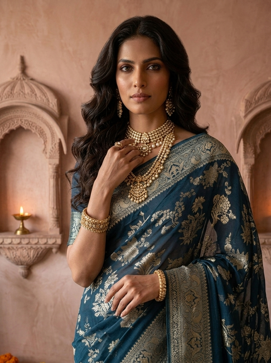 Peacock Banaras Floral Design Weaved Saree