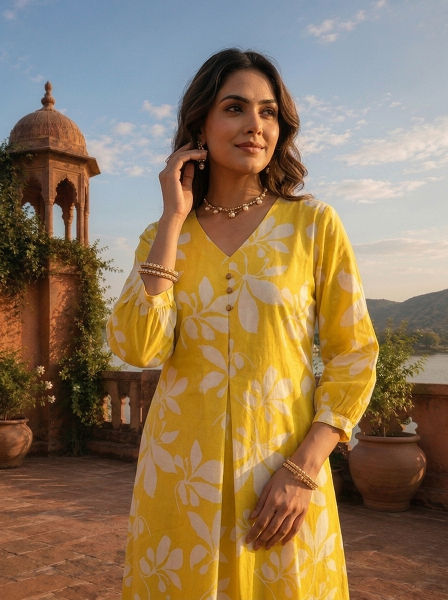 Yellow Cotton Bold Leaf Printed Kurta