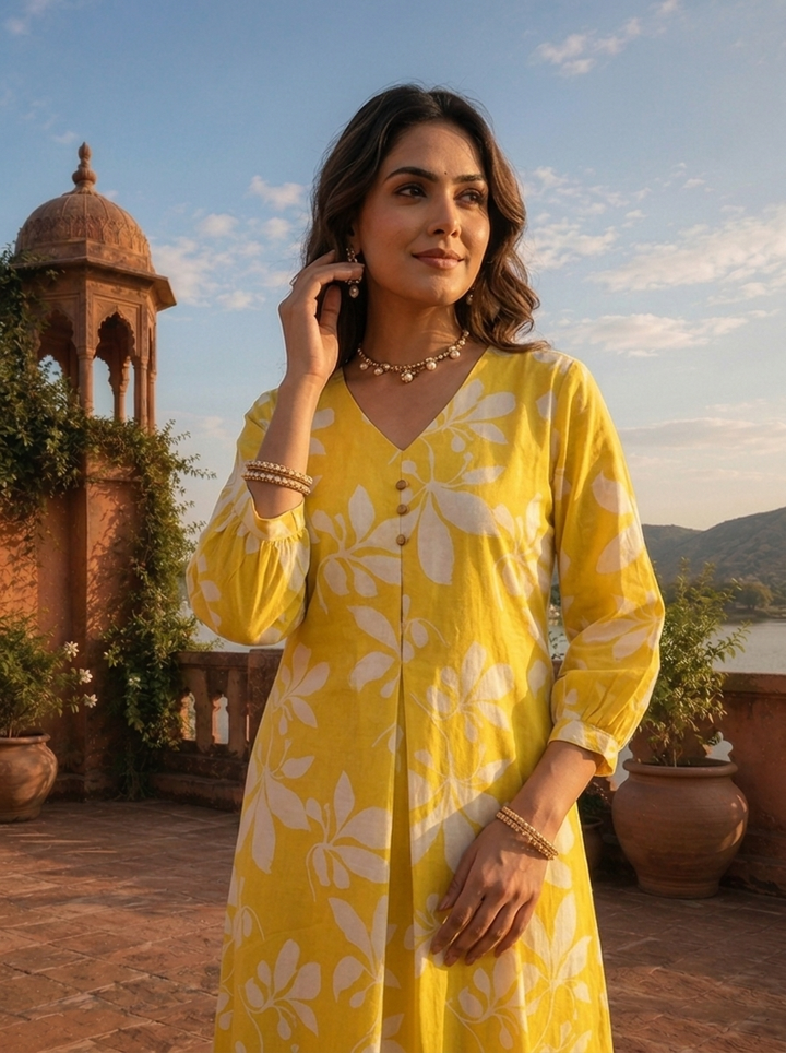 Yellow Cotton Bold Leaf Printed Kurta