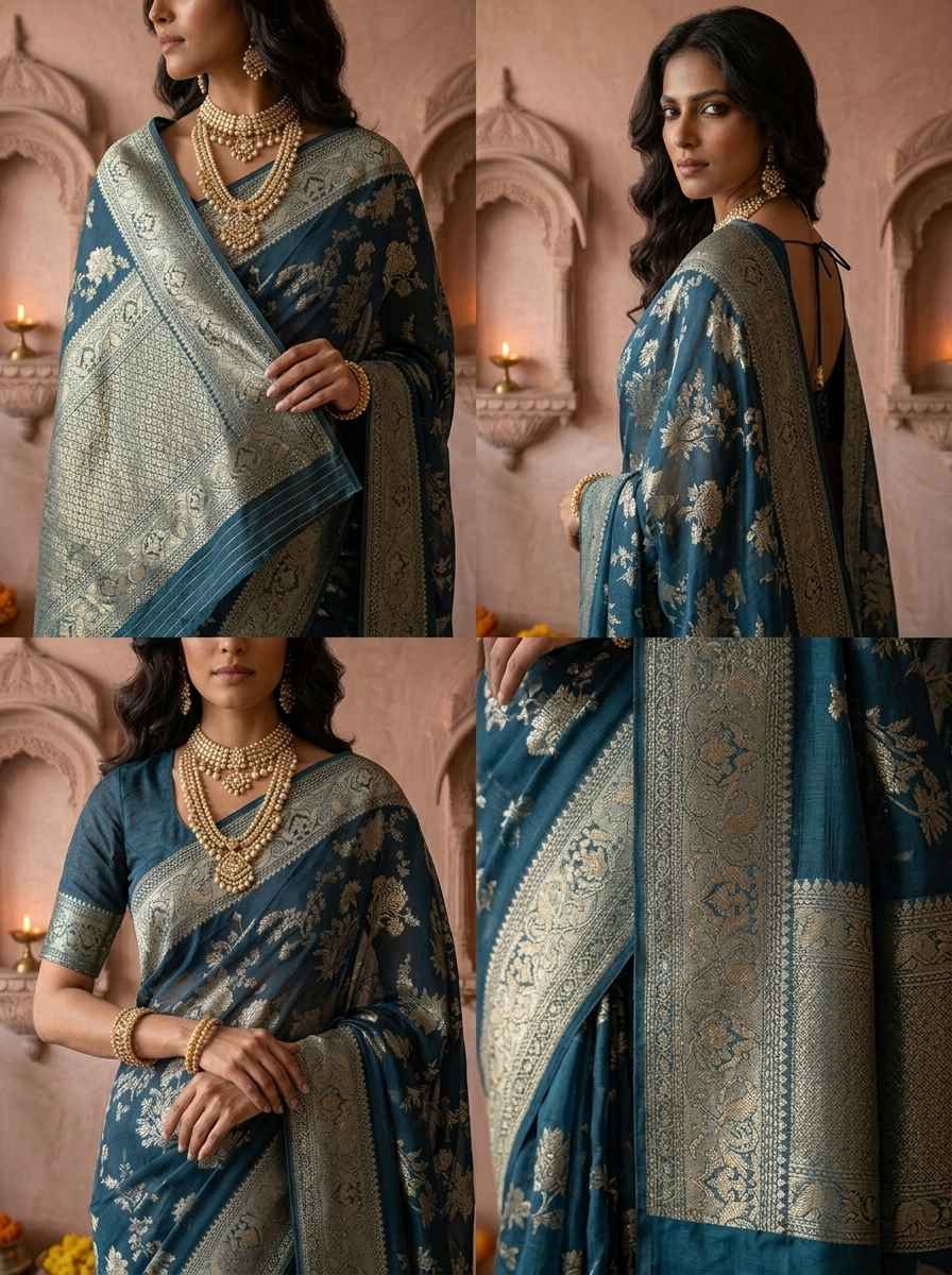 Peacock Banaras Floral Design Weaved Saree