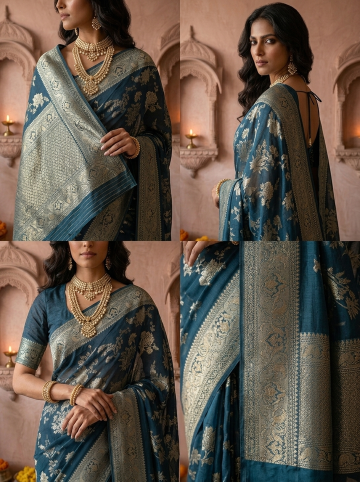 Peacock Banaras Floral Design Weaved Saree