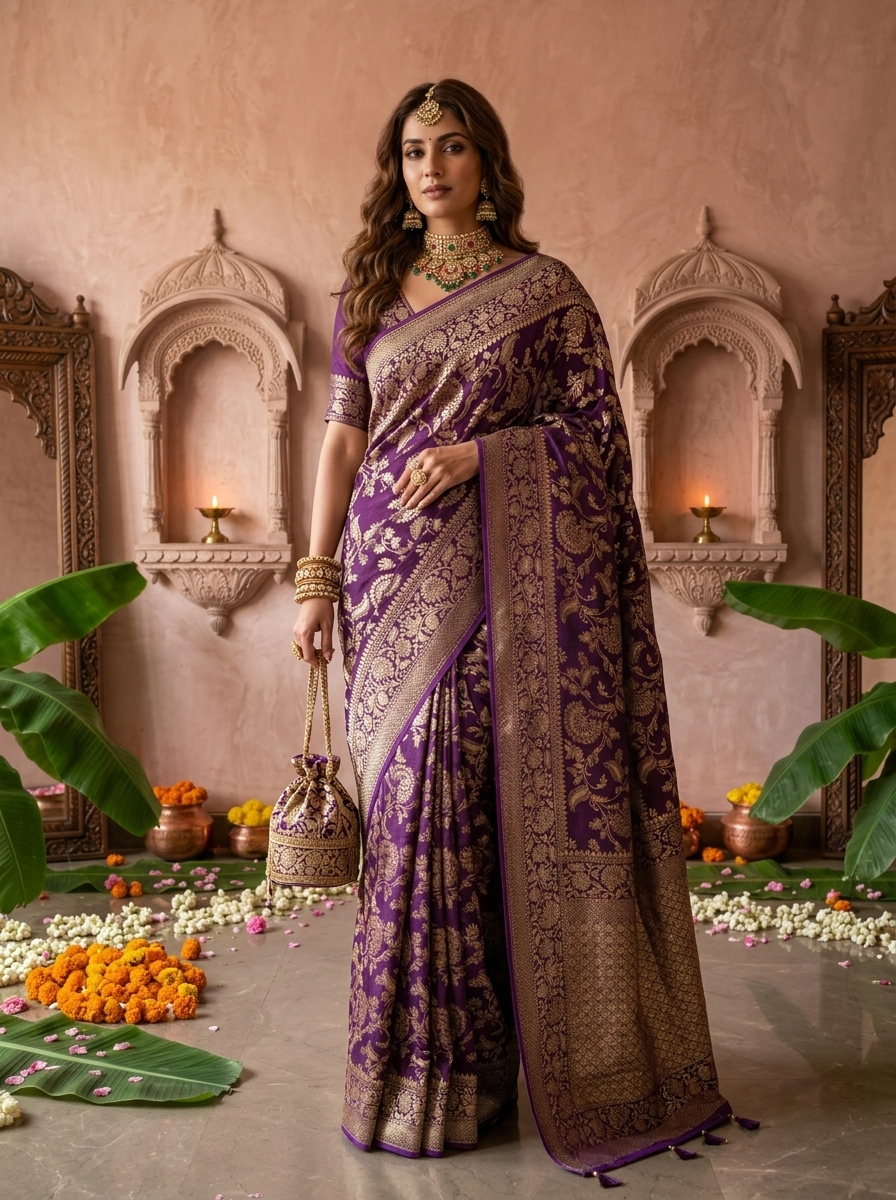 Purple Banaras Weaved Saree With Floral Design