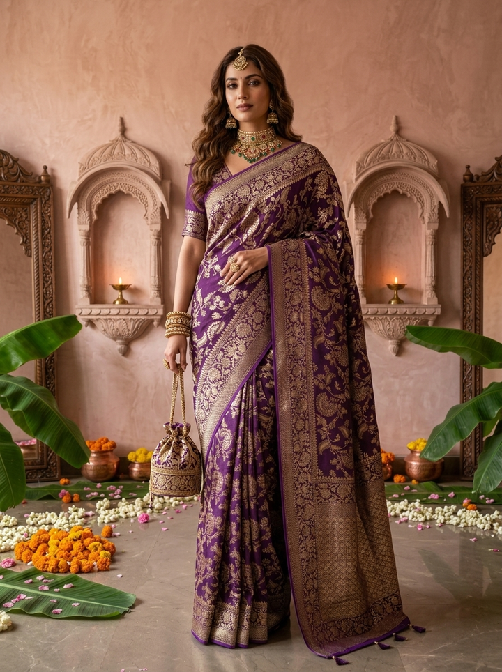 Purple Banaras Weaved Saree With Floral Design