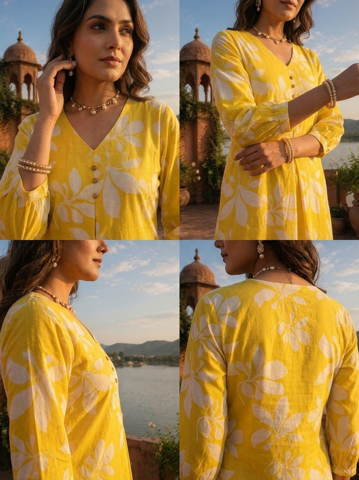 Yellow Cotton Bold Leaf Printed Kurta
