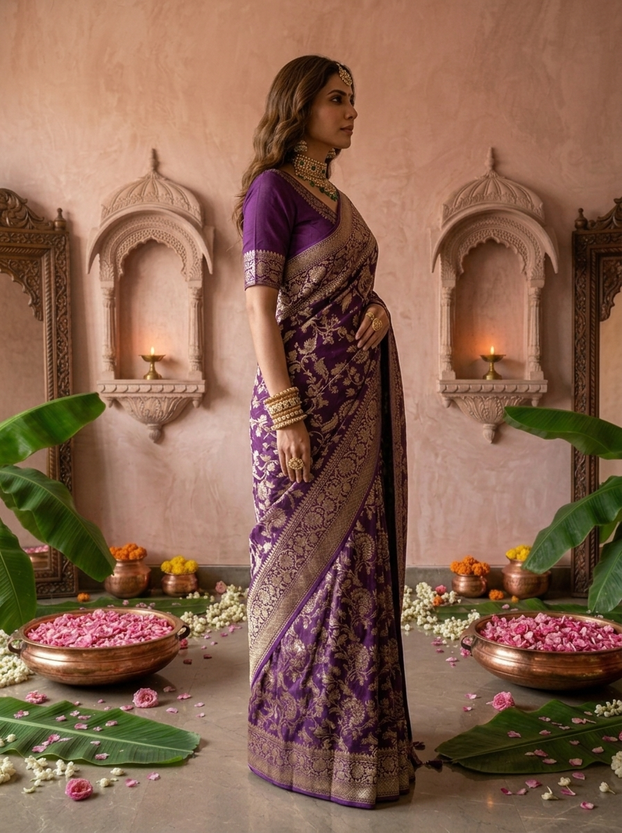 Purple Banaras Weaved Saree With Floral Design