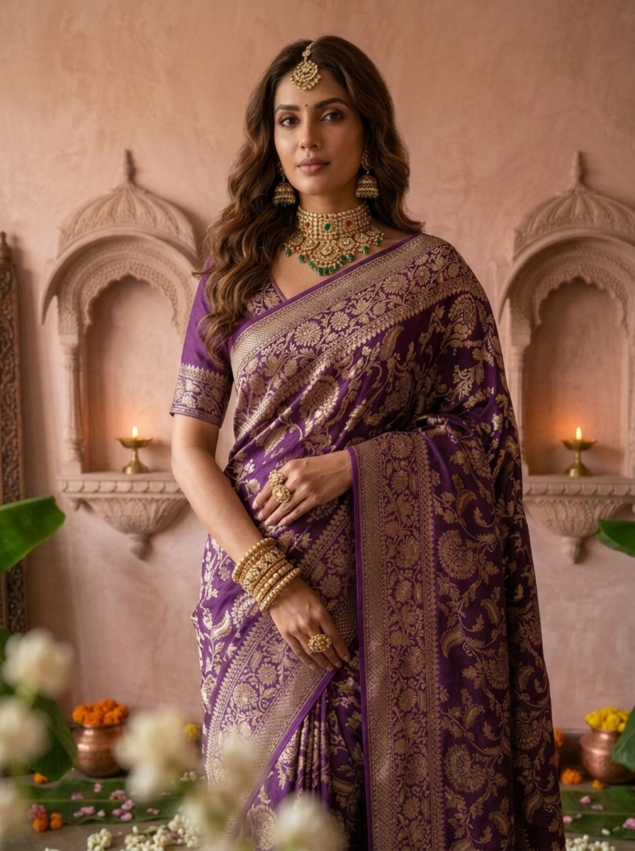 Purple Banaras Weaved Saree With Floral Design