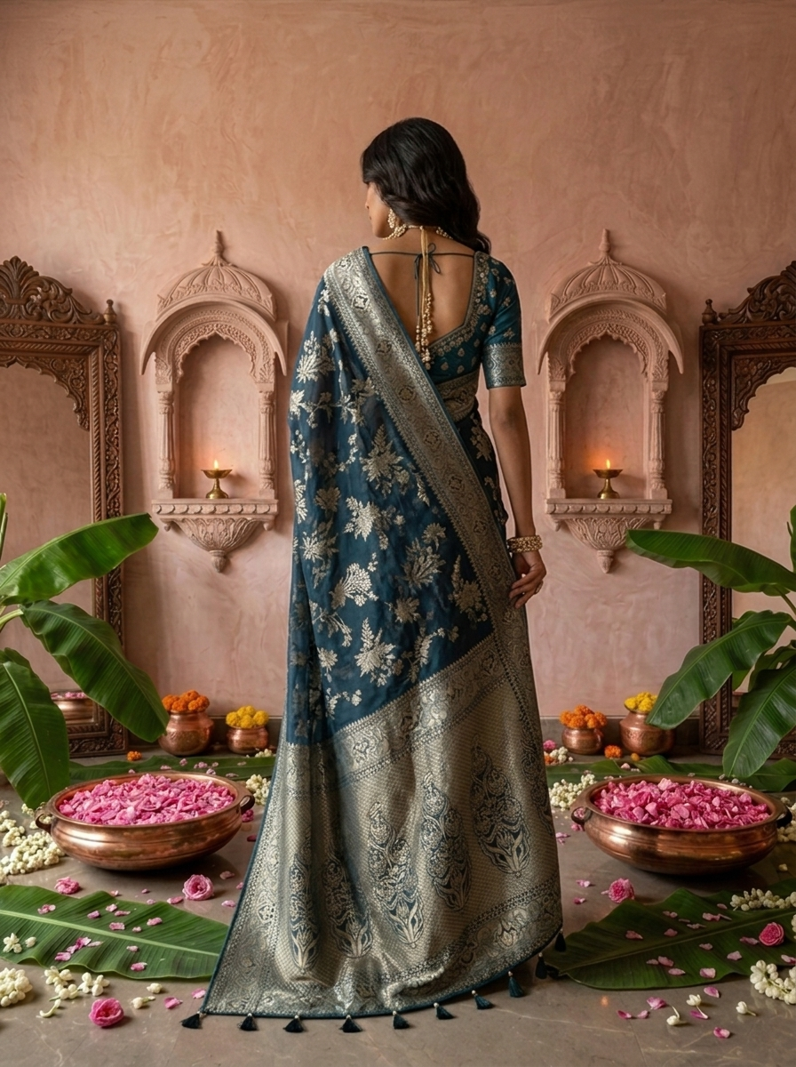 Peacock Banaras Floral Design Weaved Saree