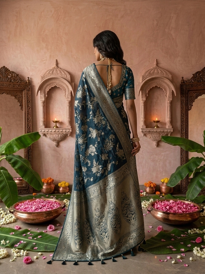 Peacock Banaras Floral Design Weaved Saree