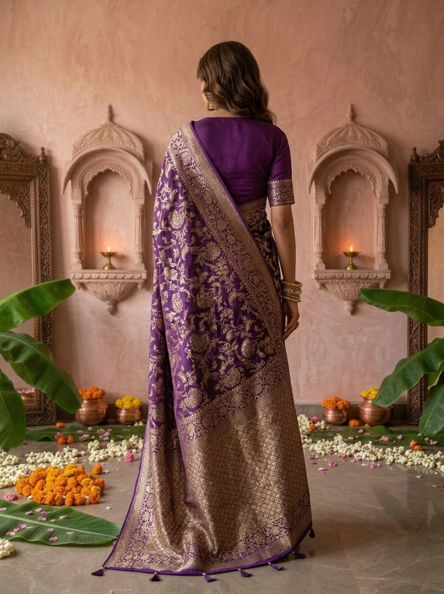 Purple Banaras Weaved Saree With Floral Design
