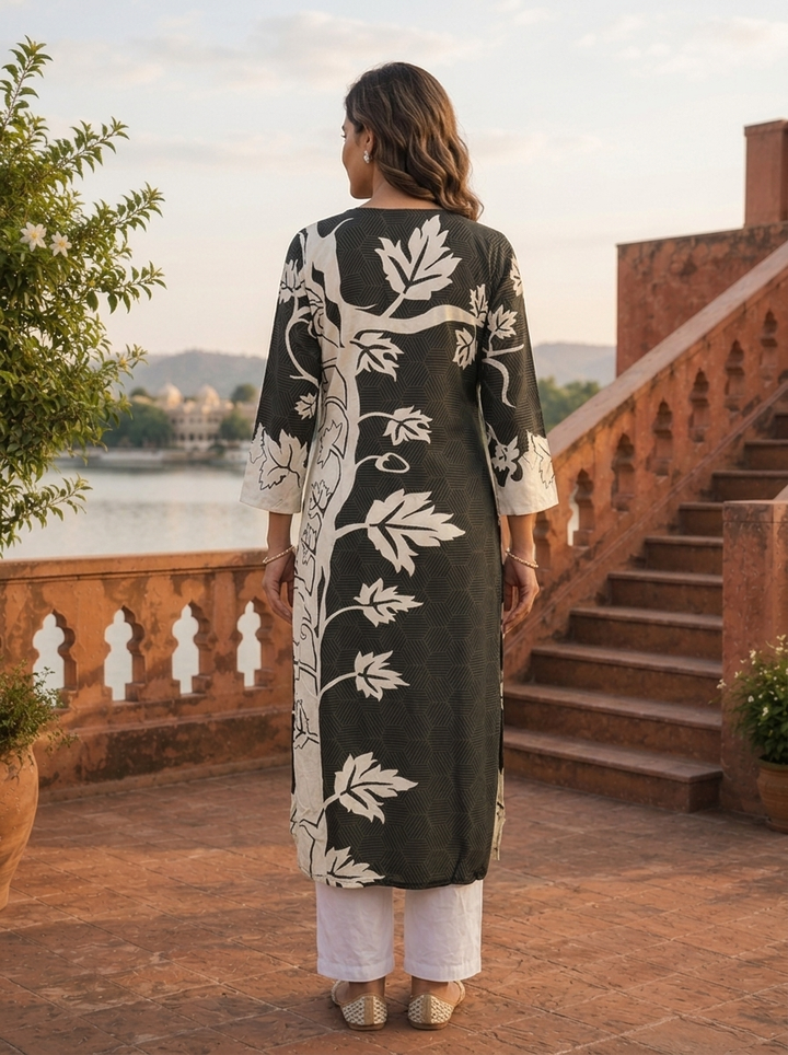 Black Rayon Geometric Botanical Printed Kurta